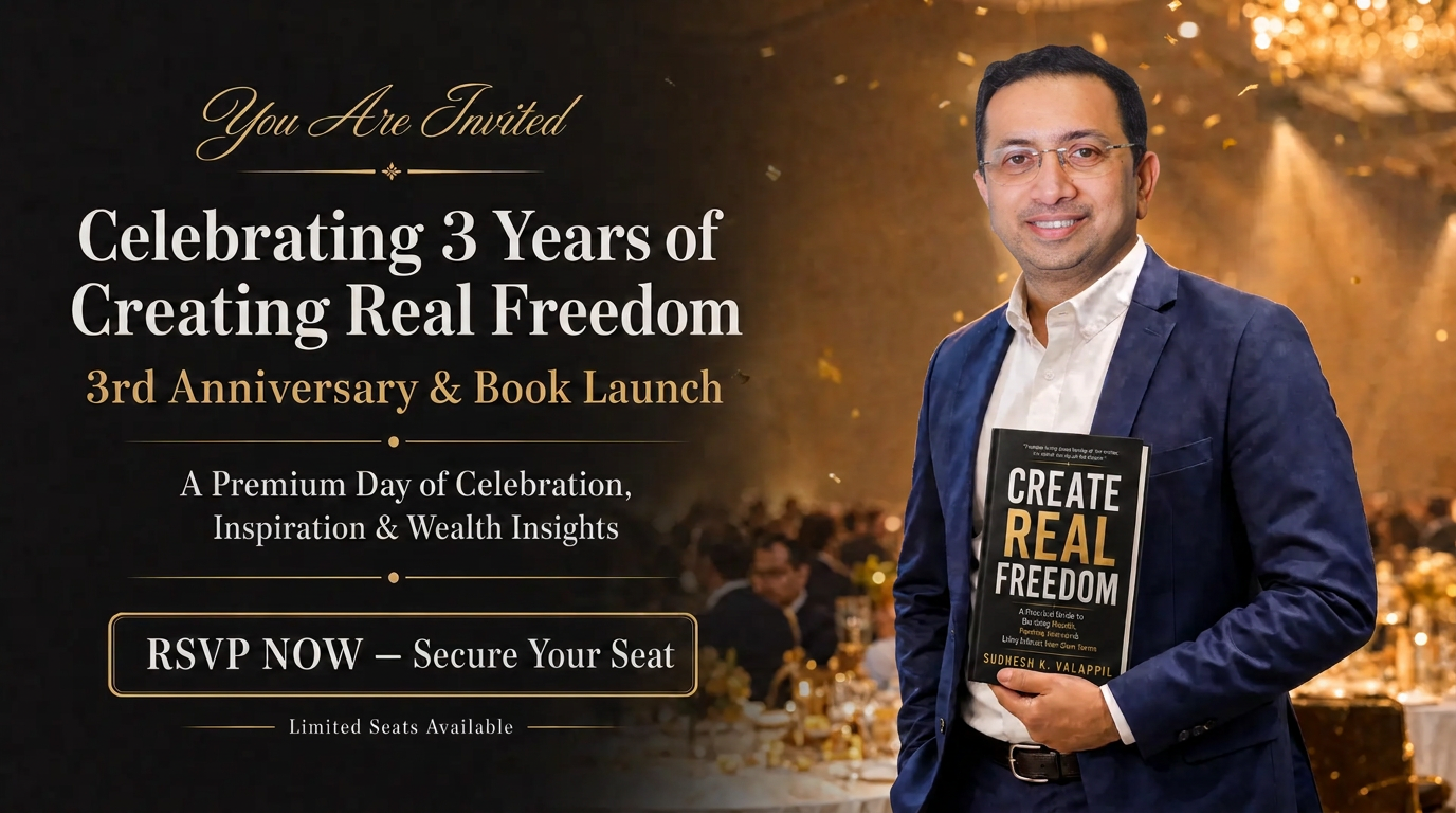 Invitation banner: You are invited to Celebrating 3 Years of Creating Real Freedom — 3rd Anniversary & Book Launch. A Premium Day of Celebration, Inspiration & Wealth Insights. RSVP now — limited seats available.